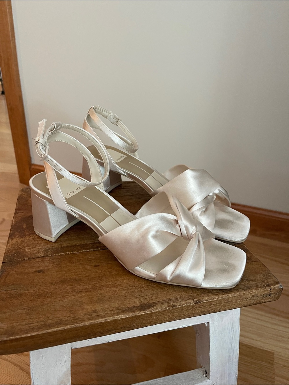 Dolce Vita Satin Ivory Knot Block Heel Sandals